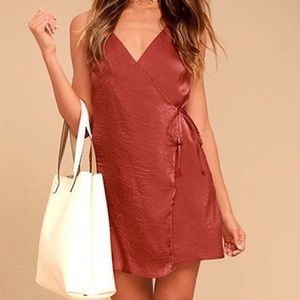 Lulu's Enigmatic Rust Red Satin Wrap Dress NWT